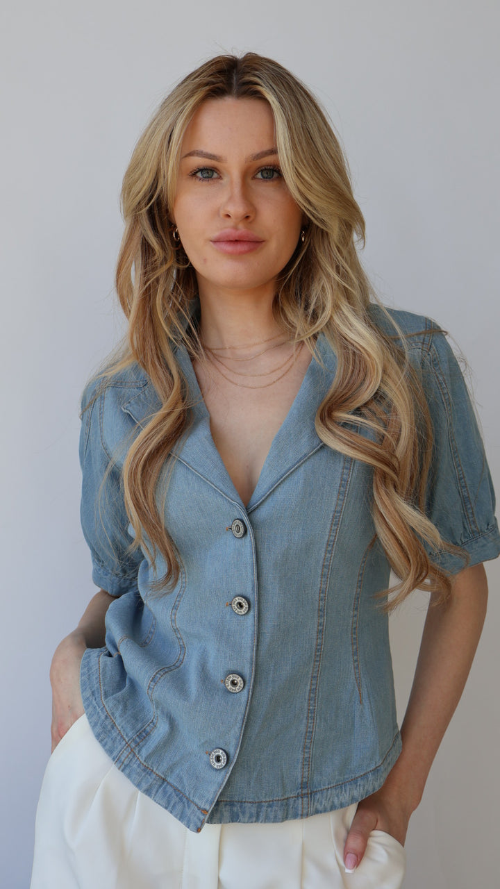 Puff Sleeve Denim Button Down Top