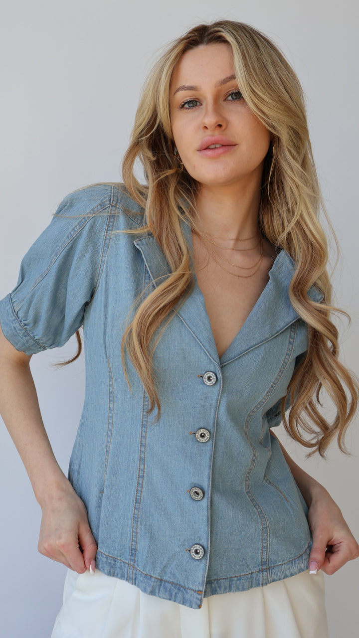 Puff Sleeve Denim Button Down Top