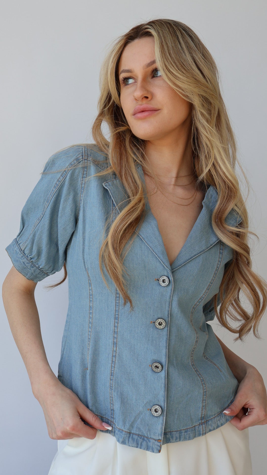 Puff Sleeve Denim Button Down Top