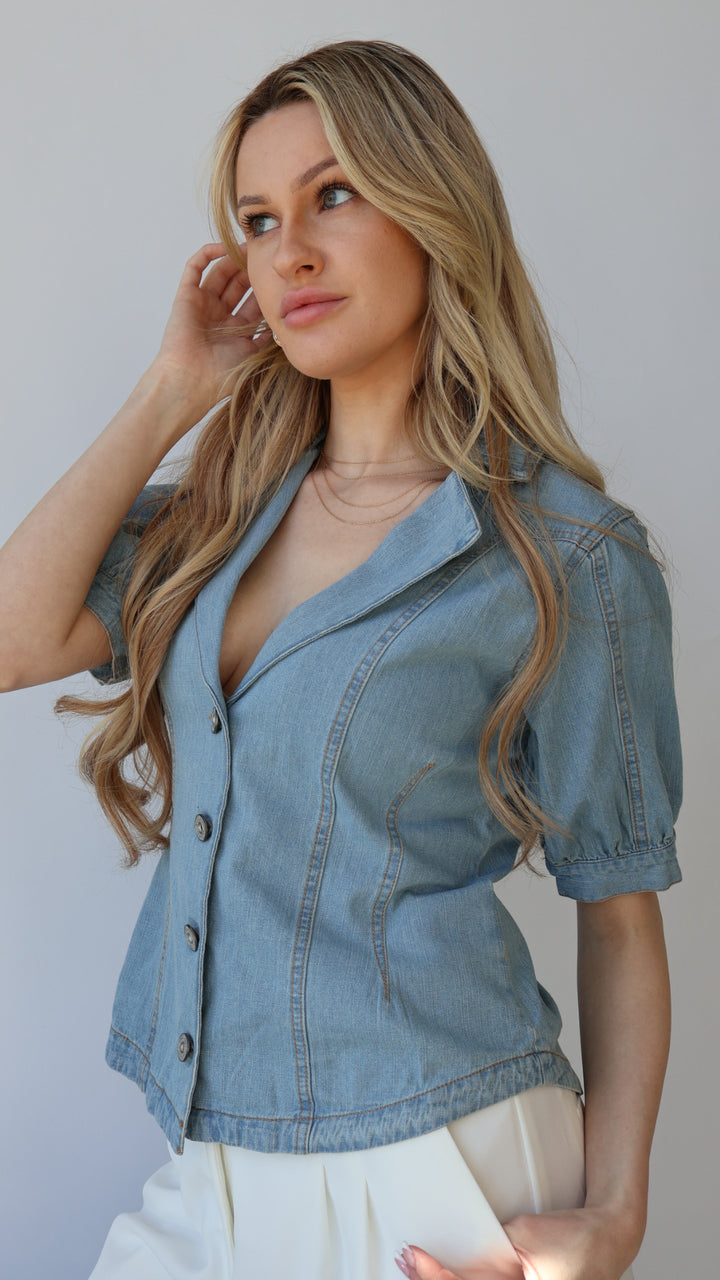 Puff Sleeve Denim Button Down Top