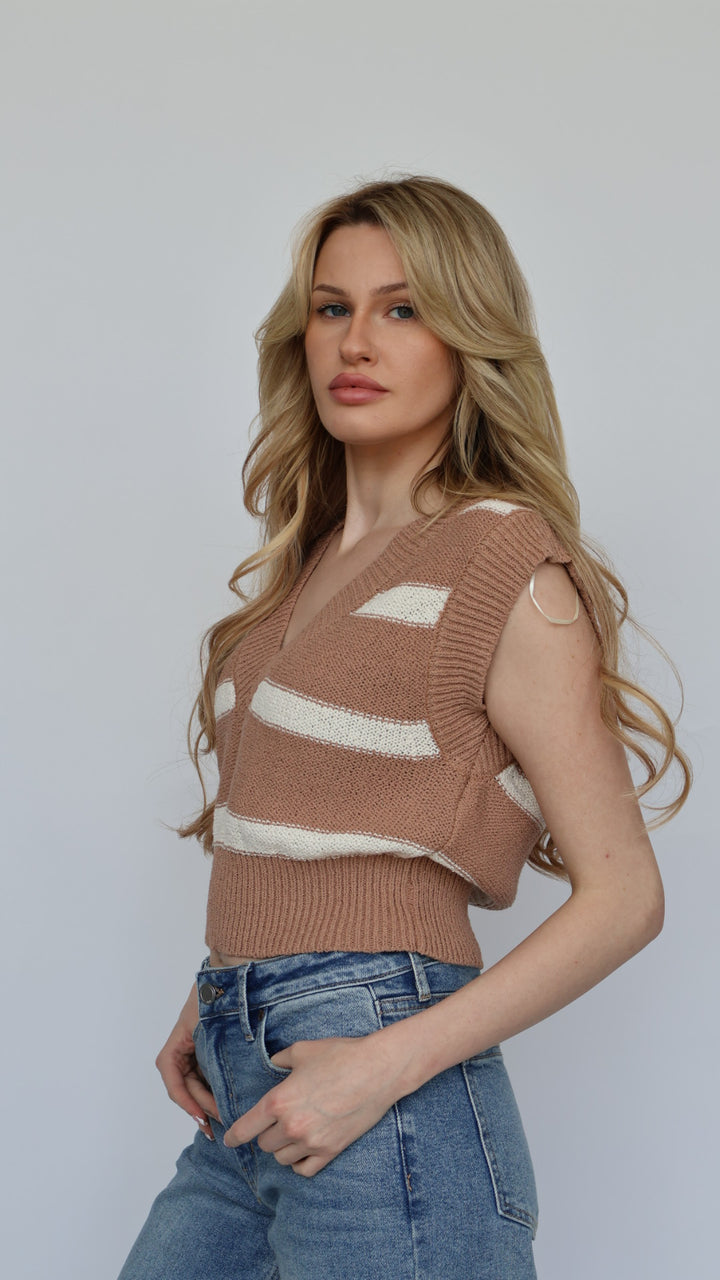 V Neck Knit Stripe Short Sleeve Top