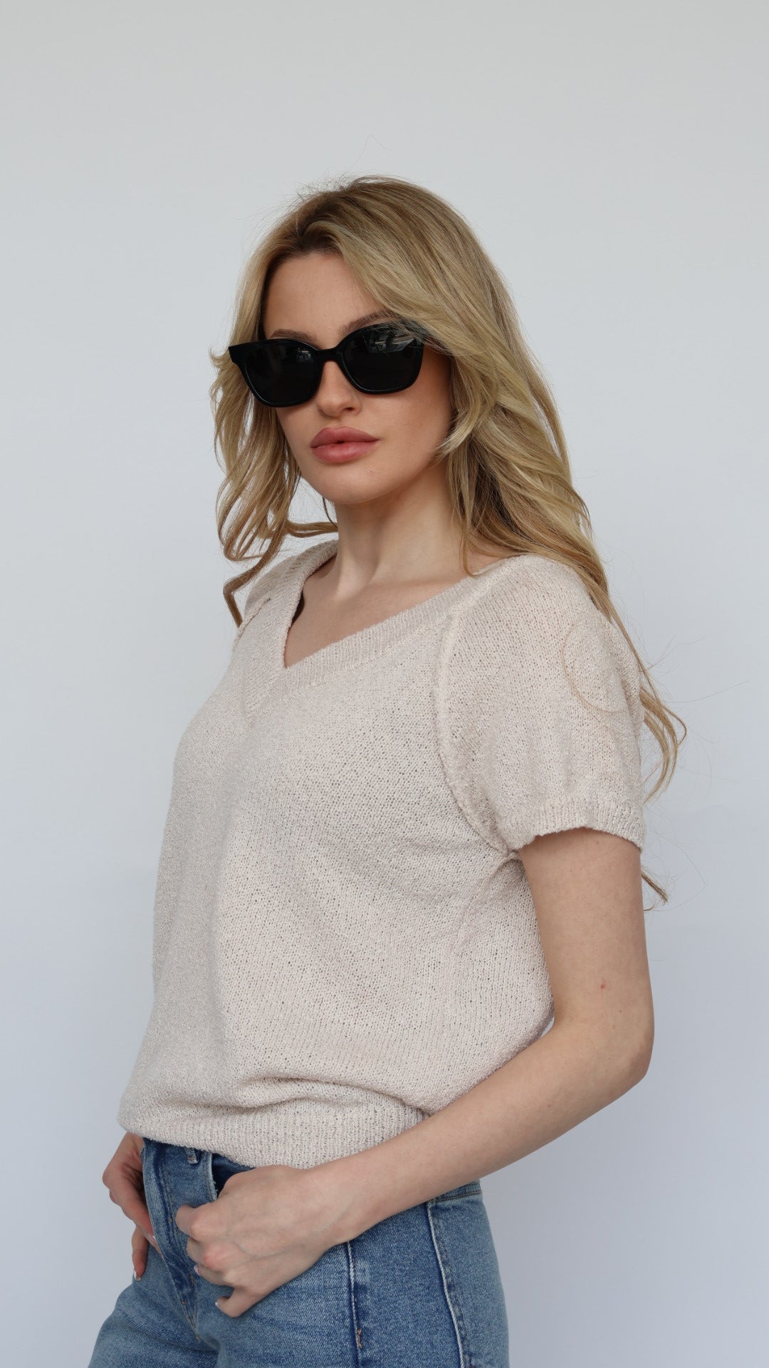 Short Sleeve V Neck Sweater