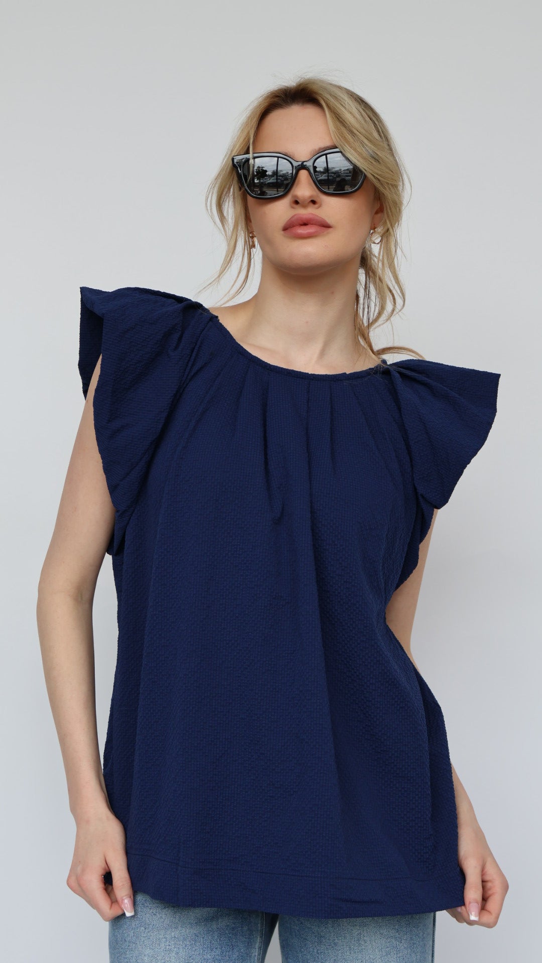 Ruffle Sleeve Pleat Neck Top