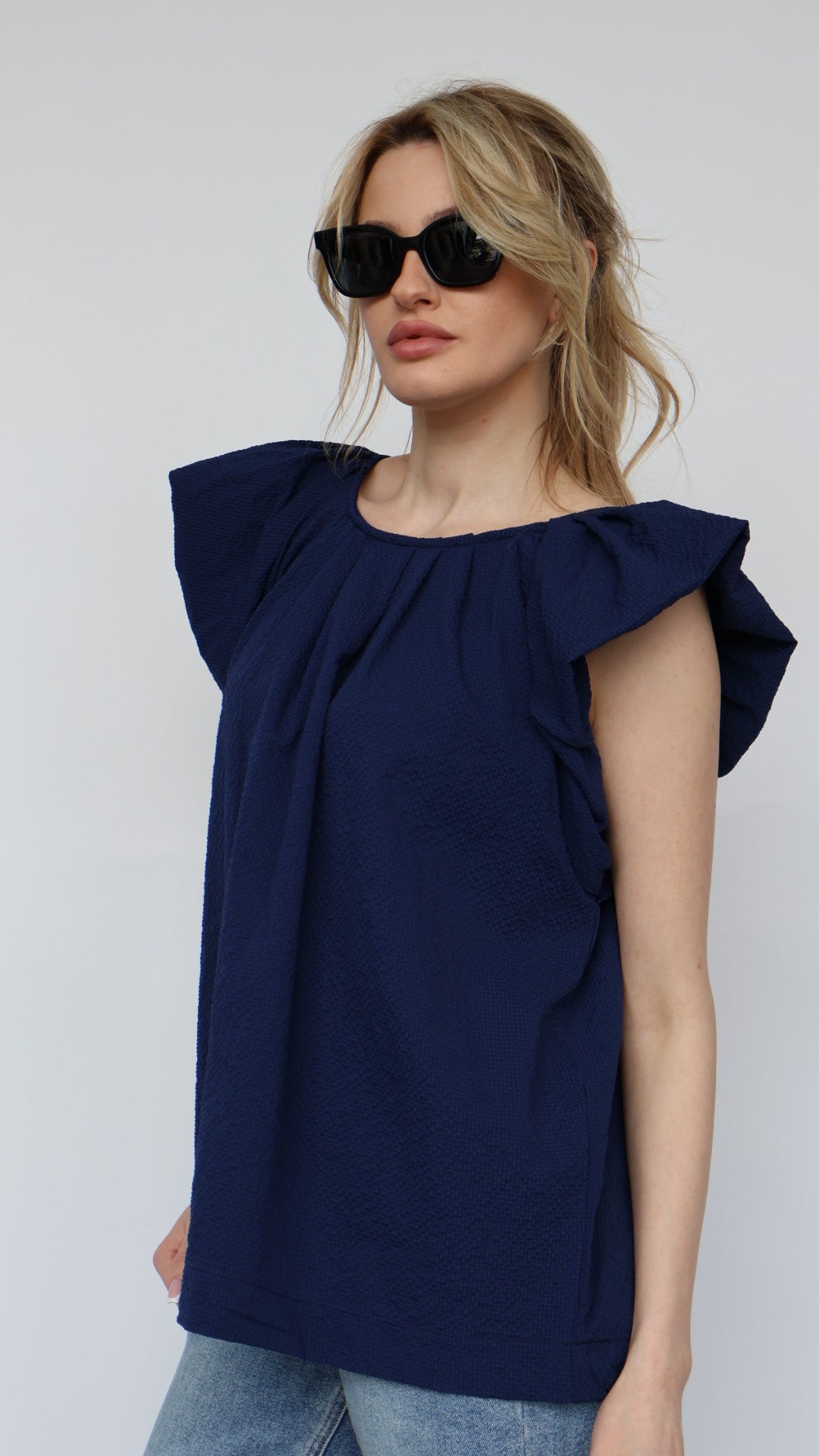 Ruffle Sleeve Pleat Neck Top