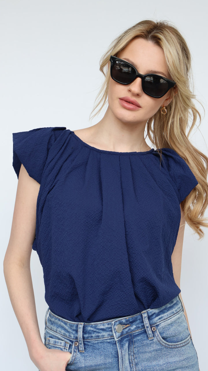 Ruffle Sleeve Pleat Neck Top