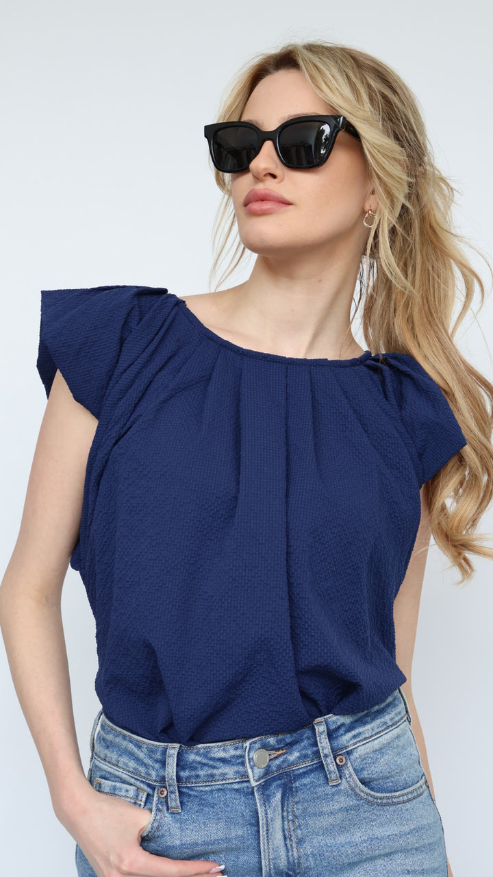 Ruffle Sleeve Pleat Neck Top