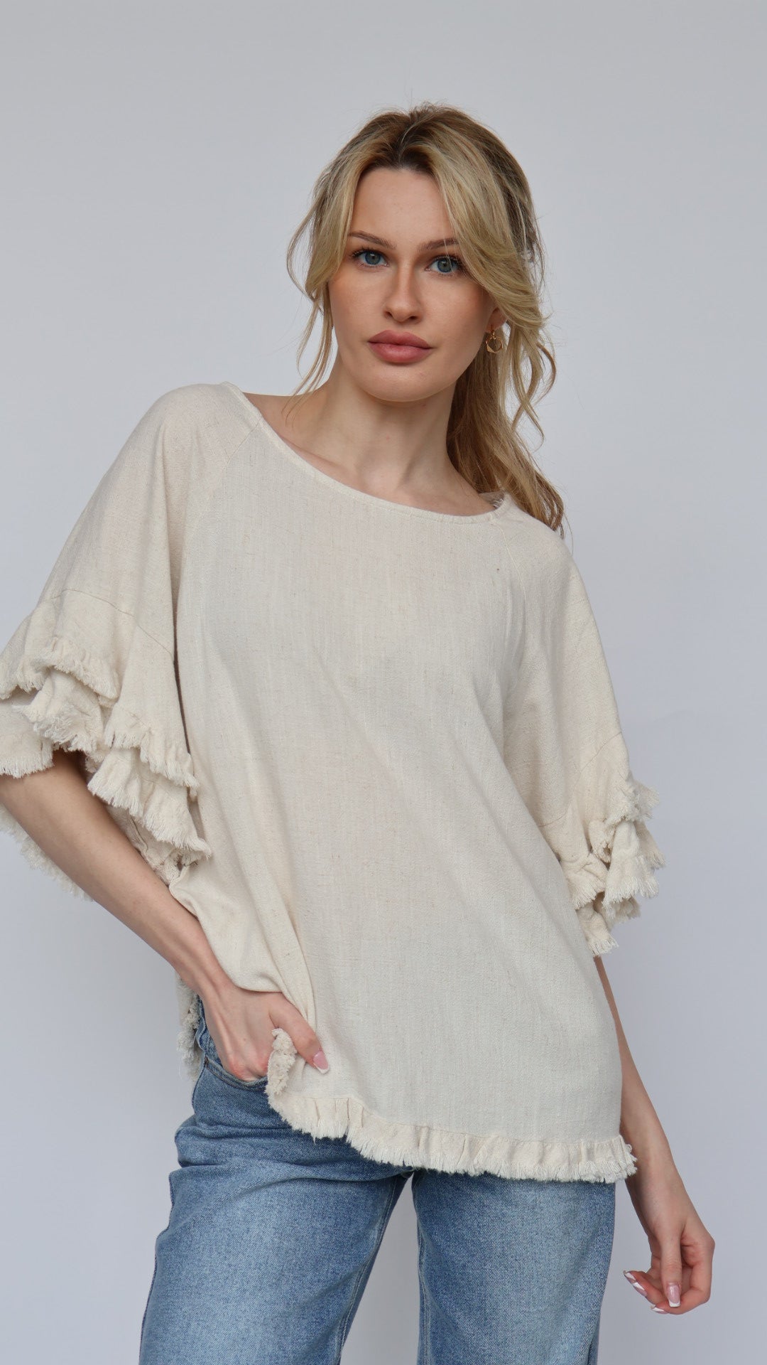 Linen Ruffle Short Sleeve Top