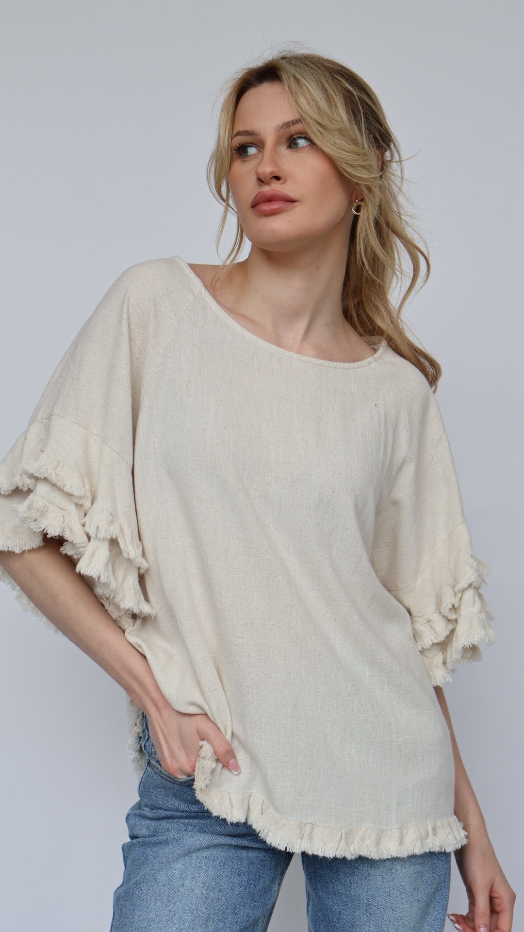 Linen Ruffle Short Sleeve Top