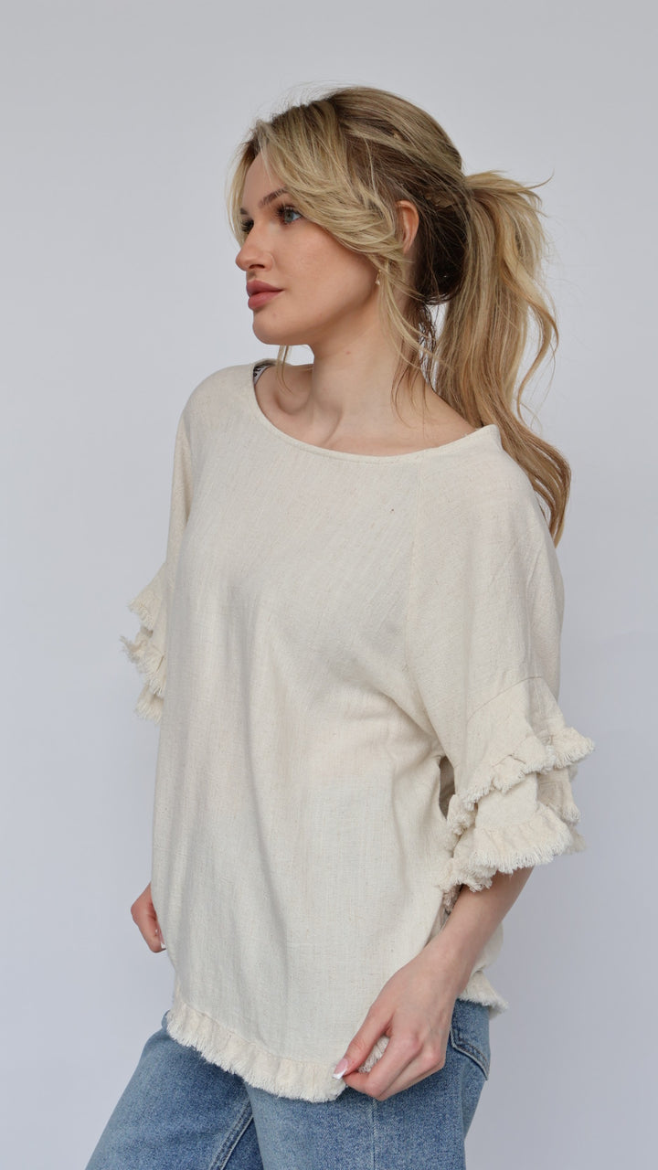 Linen Ruffle Short Sleeve Top