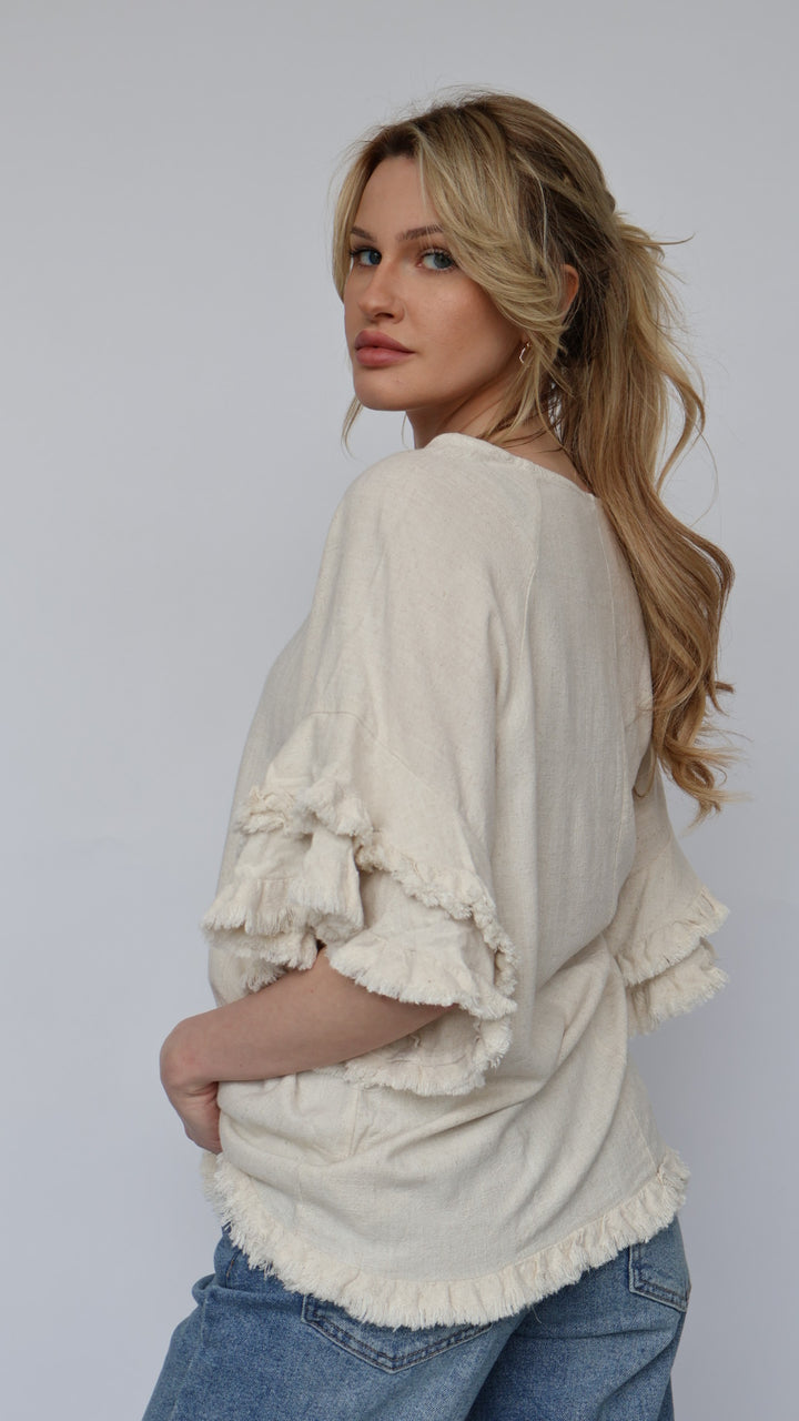 Linen Ruffle Short Sleeve Top