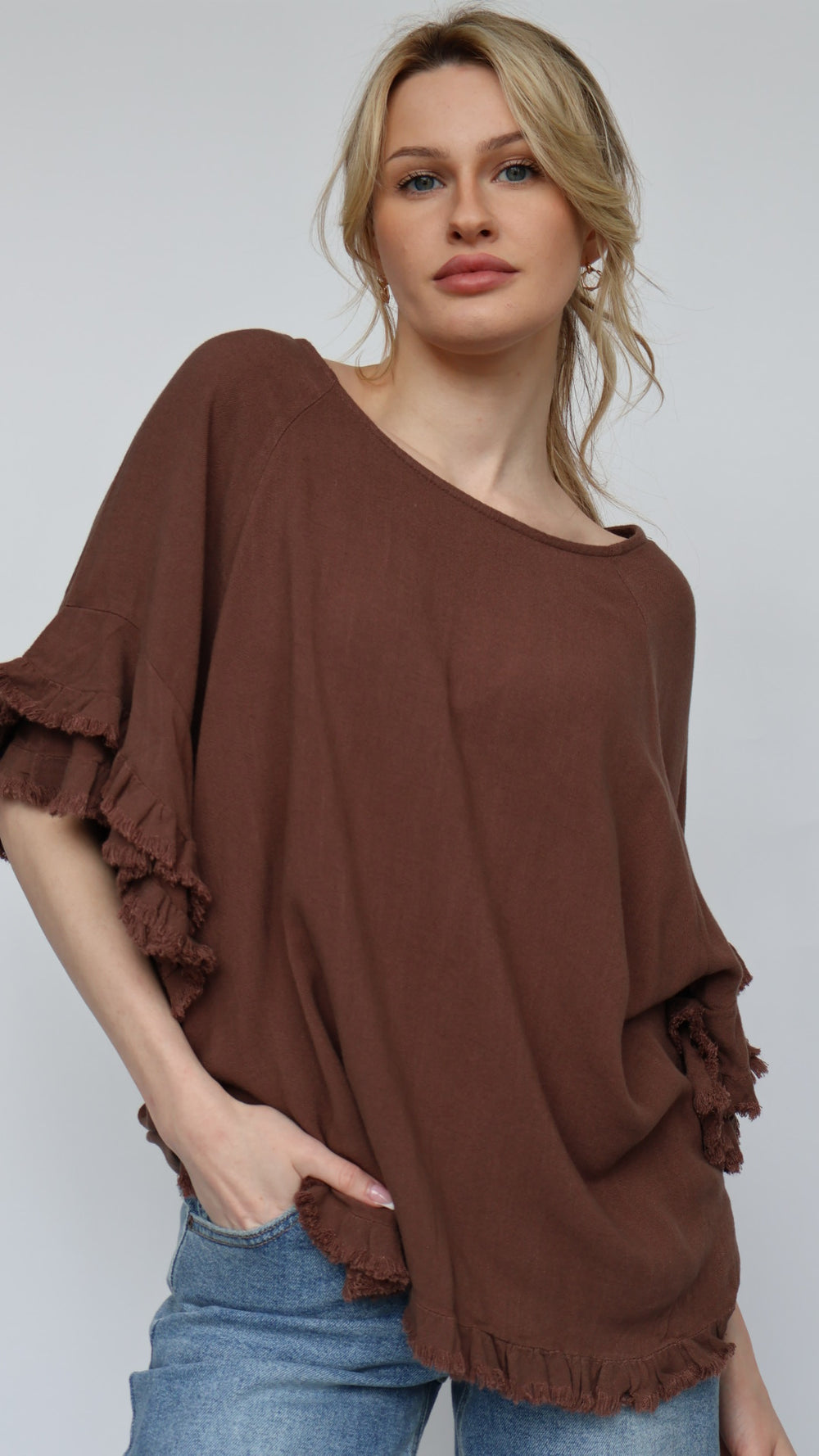 Linen Ruffle Short Sleeve Top