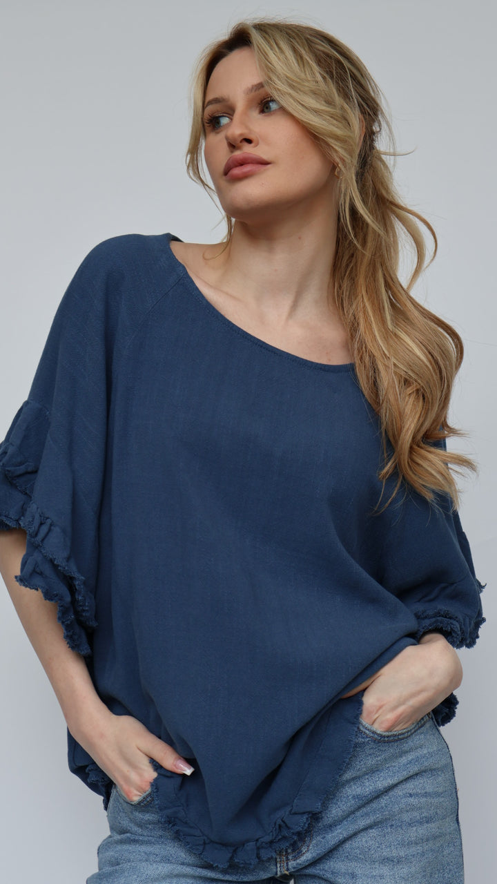 Linen Ruffle Short Sleeve Top