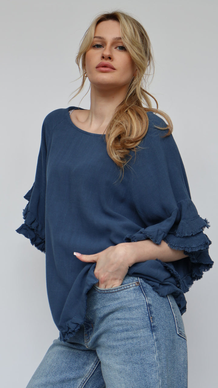 Linen Ruffle Short Sleeve Top