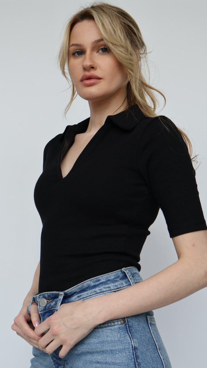 Ribbed Polo Collar Bodysuit