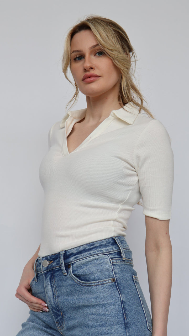 Ribbed Polo Collar Bodysuit