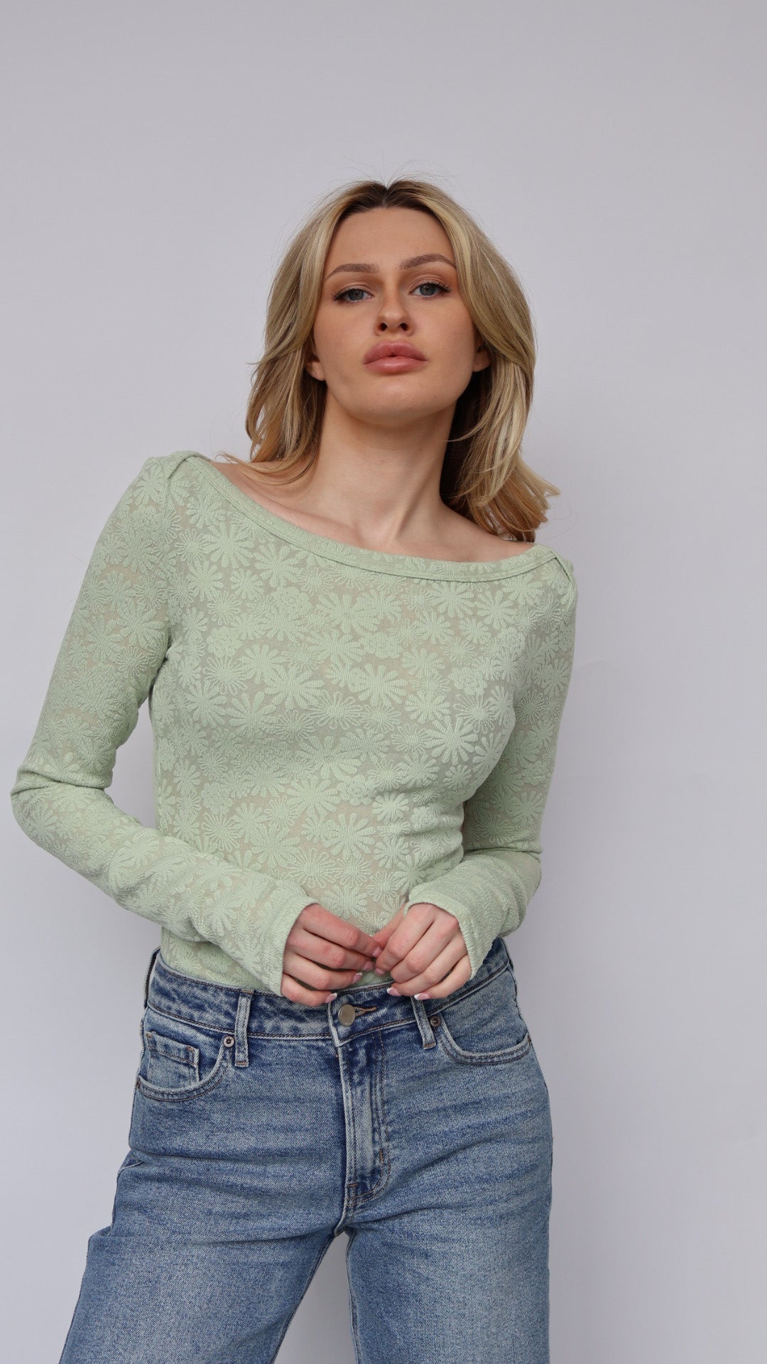 Floral Jacquard Boat-Neck Thumbhole Bodysuit