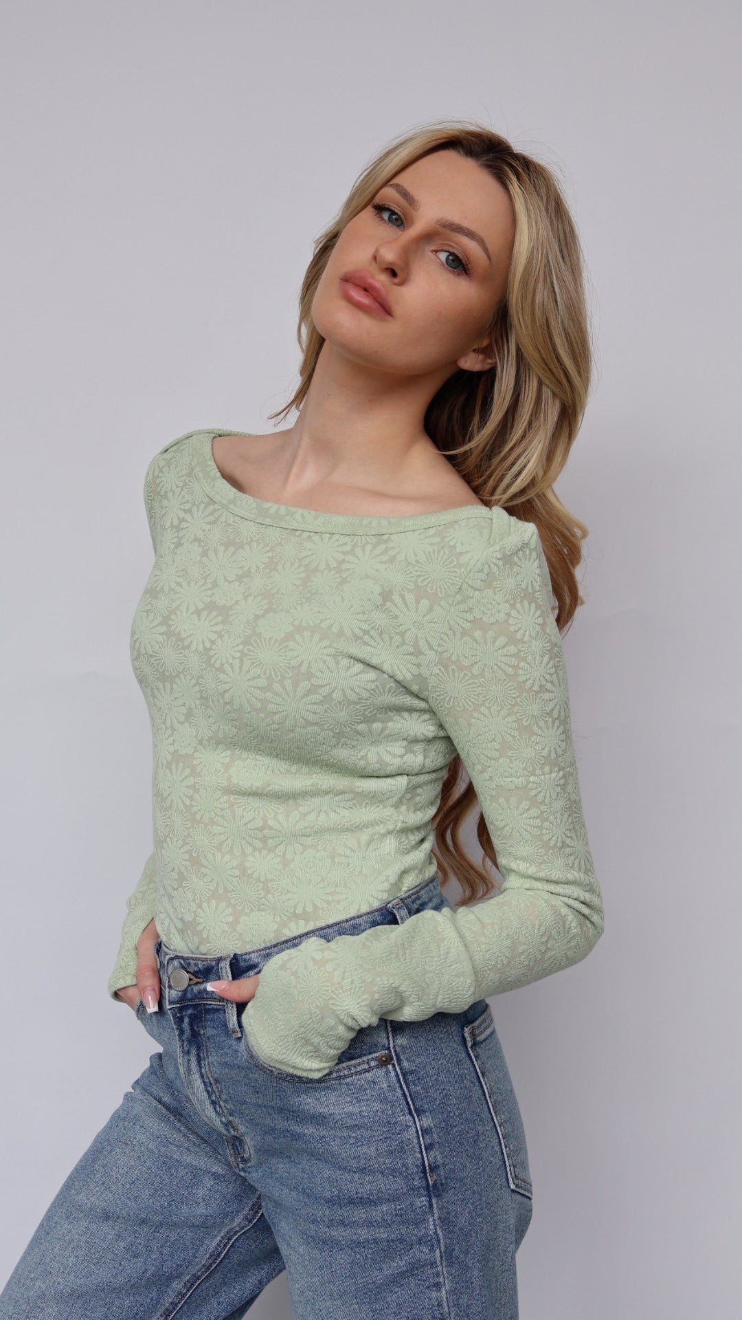 Floral Jacquard Boat-Neck Thumbhole Bodysuit