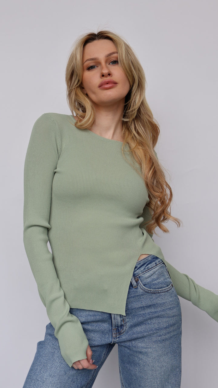 Front Split Ribbed Sweater Top