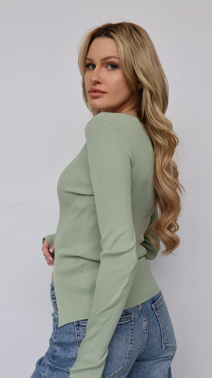 Front Split Ribbed Sweater Top