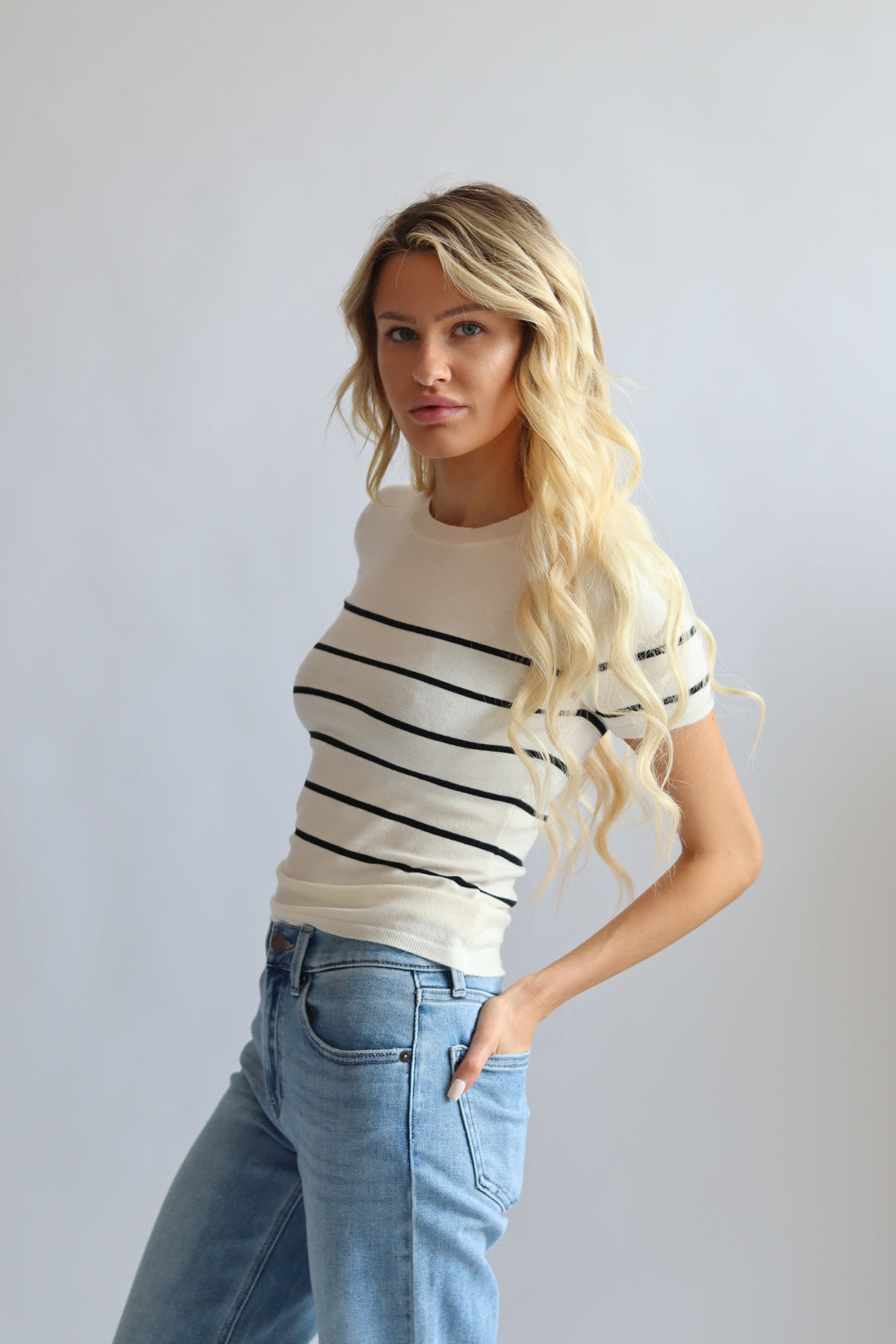 Stripe Short Sleeve Sweater