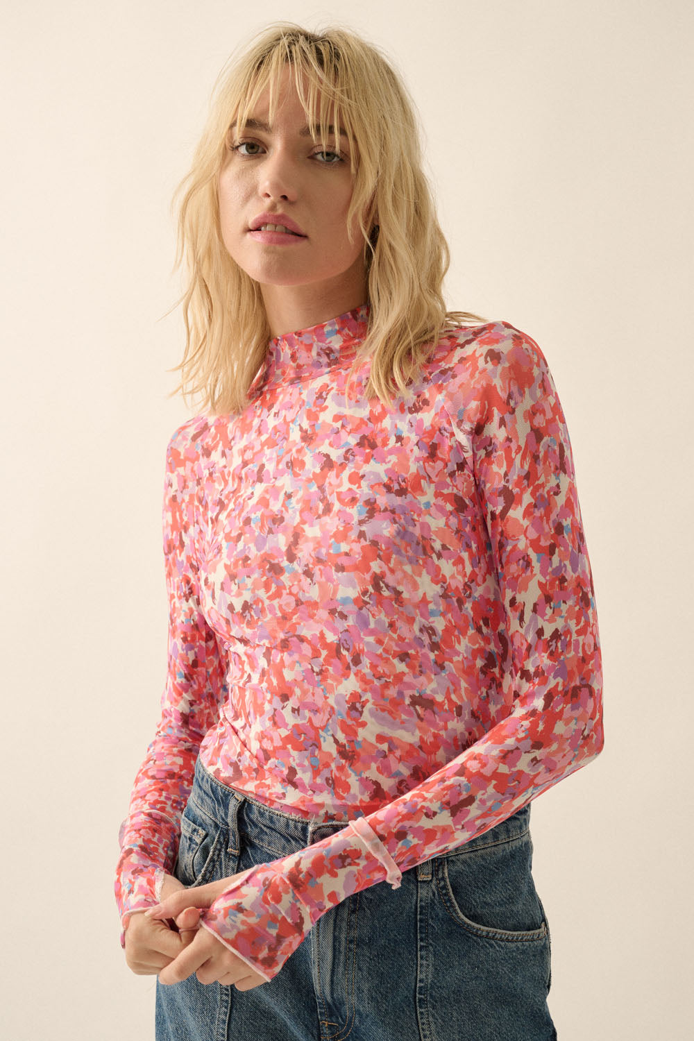 Floral Long Sleeve Mesh Top